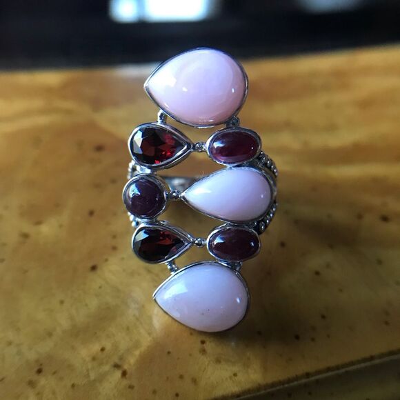 Natural Pink Opal Ruby Garnet Sterling Silver Cocktail Ring Size 7 - Picture 1 of 9